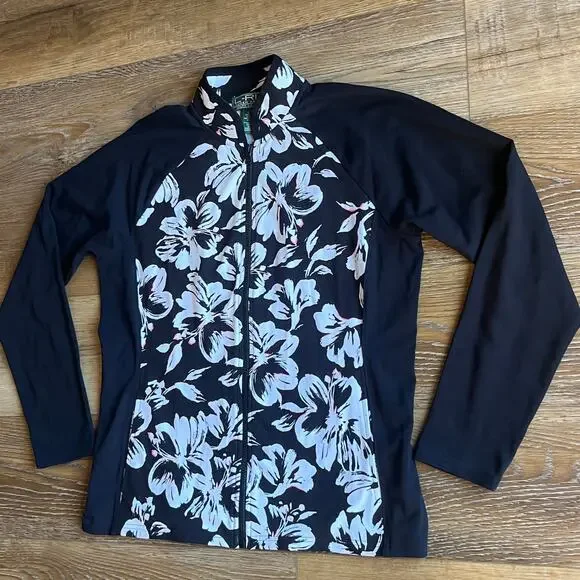 Lauren Ralph Lauren Active Floral Jacket L Full Zip Black Athletic Golf Preppy - Picture 2 of 6